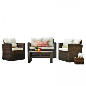 Rattan 4pcs Outdoor wicker Conversation Set with Patio Weather Resistant Cushions and Tempered Glass Tabletop （Dark Brown)
